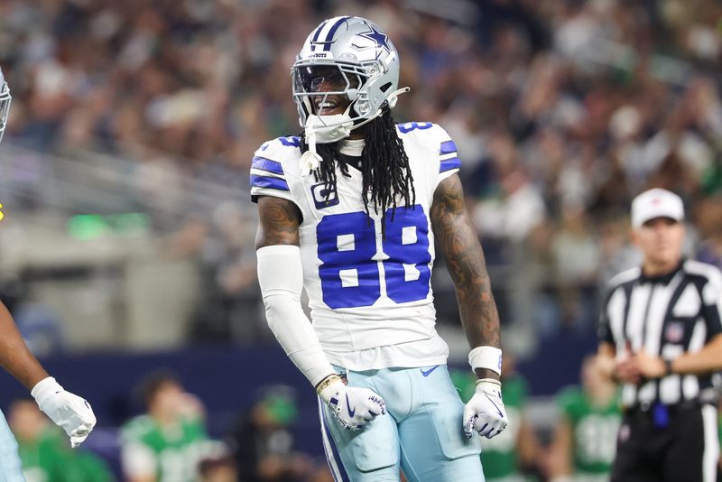 Nov 23, 2025; Arlington, Texas, USA; Dallas Cowboys wide receiver CeeDee Lamb (88) reacts after a catch in the third quarter against Philadelphia Eagles at AT&T Stadium. Mandatory Credit: Kevin Jairaj-Imagn Images