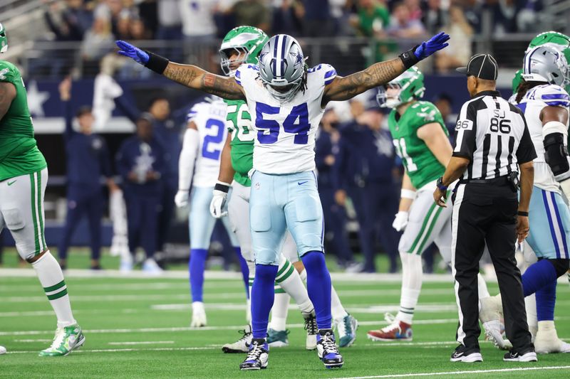Nov 23, 2025; Arlington, Texas, USA; Dallas Cowboys defensive end Sam Williams (54) reacts after a play in the fourth quarter against the Philadelphia Eagles at AT&T Stadium. Mandatory Credit: Kevin Jairaj-Imagn Images