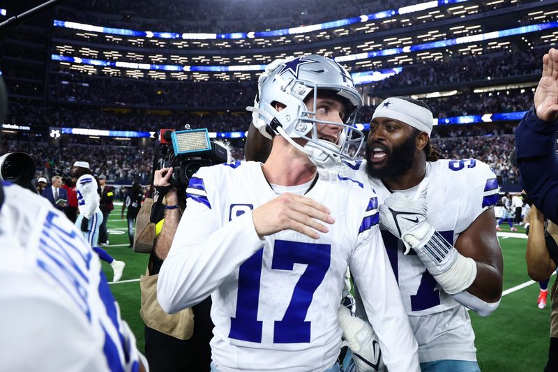 Nov 23, 2025; Arlington, Texas, USA; Dallas Cowboys defensive tackle Osa Odighizuwa (97) congratulates kicker Brandon Aubrey (17) after the game against the Philadelphia Eagles at AT&T Stadium. Mandatory Credit: Kevin Jairaj-Imagn Images