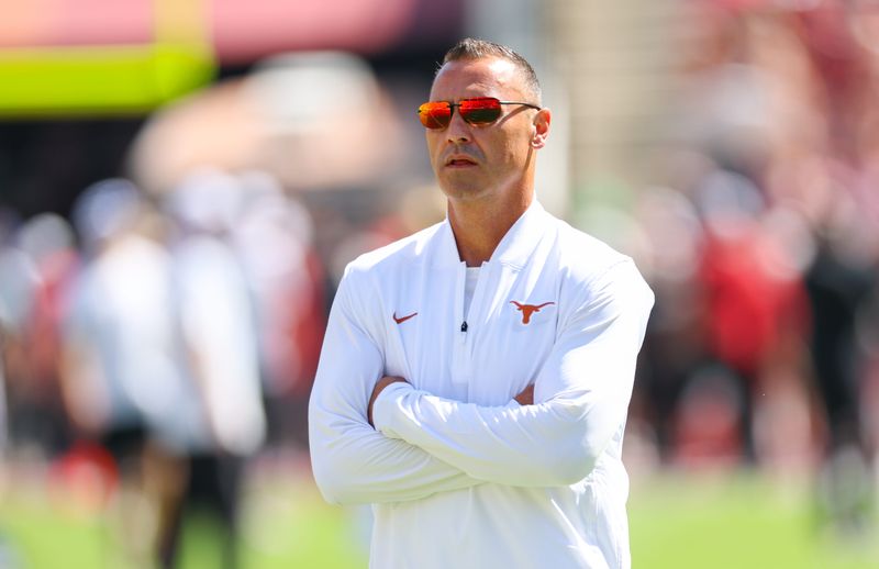 Oct 11, 2025; Dallas, Texas, USA; Texas Longhorns head coach Steve Sarkisian before the game against the Oklahoma Sooners at the Cotton Bowl. Mandatory Credit: Kevin Jairaj-Imagn Images