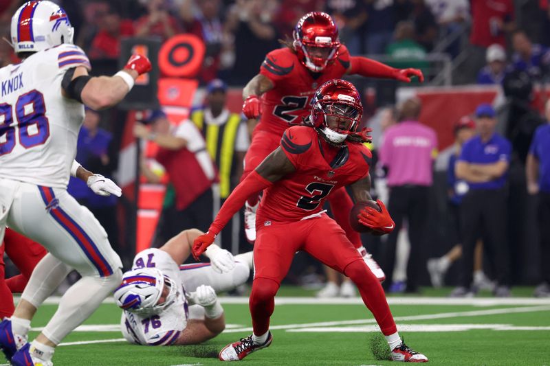Nov 20, 2025; Houston, Texas, USA; Houston Texans safety Calen Bullock (2) runs against the Buffalo Bills in the second quarter at NRG Stadium. Mandatory Credit: Thomas Shea-Imagn Images