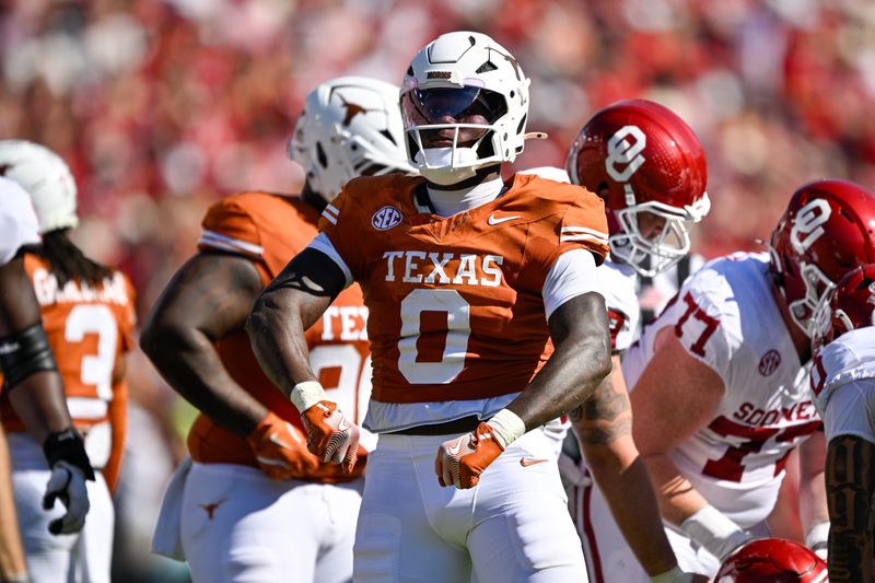 Oct 11, 2025; Dallas, Texas, USA; Texas Longhorns linebacker Anthony Hill Jr. (0) celebrates during the game between the Texas Longhorns and the Oklahoma Sooners at the Cotton Bowl. Mandatory Credit: Jerome Miron-Imagn Images