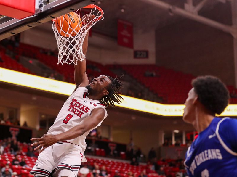 Texas Tech's Luke Bamgboye finishes a dunk against New Orleans during a non-conference men's basketball game, Wednesday, Nov. 26, 2025, at United Supermarkets Arena.