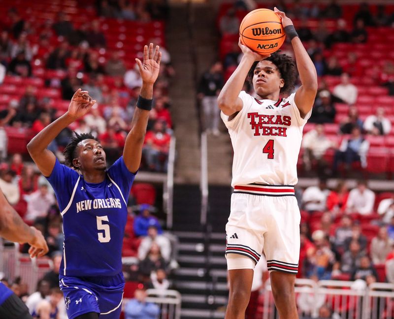 Texas Tech's Christian Anderson attempts a 3-pointer against New Orleans during a non-conference men's basketball game, Wednesday, Nov. 26, 2025, at United Supermarkets Arena.