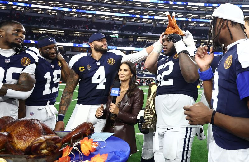 Nov 27, 2025; Arlington, Texas, USA; Dallas Cowboys quarterback Dak Prescott (4) and Dallas Cowboys guard Tyler Booker (52) celebrate with a turkey after the game against the Kansas City Chiefs at AT&T Stadium. Mandatory Credit: Kevin Jairaj-Imagn Images