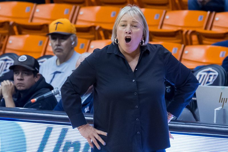 UTEP women’s head basketball coach Keitha Adams guides her team during a game against Denver at the Don Haskins Center in El Paso, Texas, on Saturday, Nov. 29, 2025.