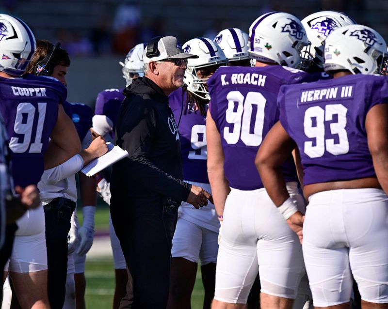 ACU head coach Keith Patterson stands gives direction to his players during Saturday’s first round of FCS playoff football against Lamar at Wildcat Stadium Nov. 29, 2025. Final score was 38-20, ACU.