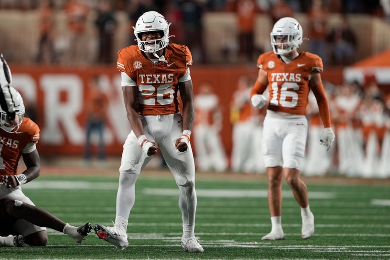 Nov 28, 2025; Austin, Texas, USA; Texas Longhorns linebacker Ty’Anthony Smith (26) reacts during the second half against the Texas A&M Aggies at Darrell K Royal-Texas Memorial Stadium. Mandatory Credit: Scott Wachter-Imagn Images
