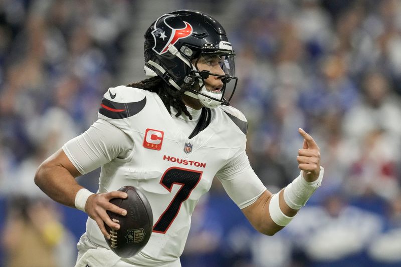 Houston Texans quarterback C.J. Stroud (7) looks to pass Sunday, Nov. 30, 2025, during a game against the Indianapolis Colts at Lucas Oil Stadium in Indianapolis.