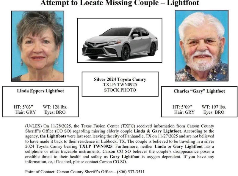 Charles "Gary" Lightfoot and Linda Eppers Lightfoot were last seen leaving the city of Panhandle on the afternoon of Nov. 27 and did not arrive back to their residence in Lubbock, according to the Carson County Sheriff's Office and the Texas Department of Public Safety.
