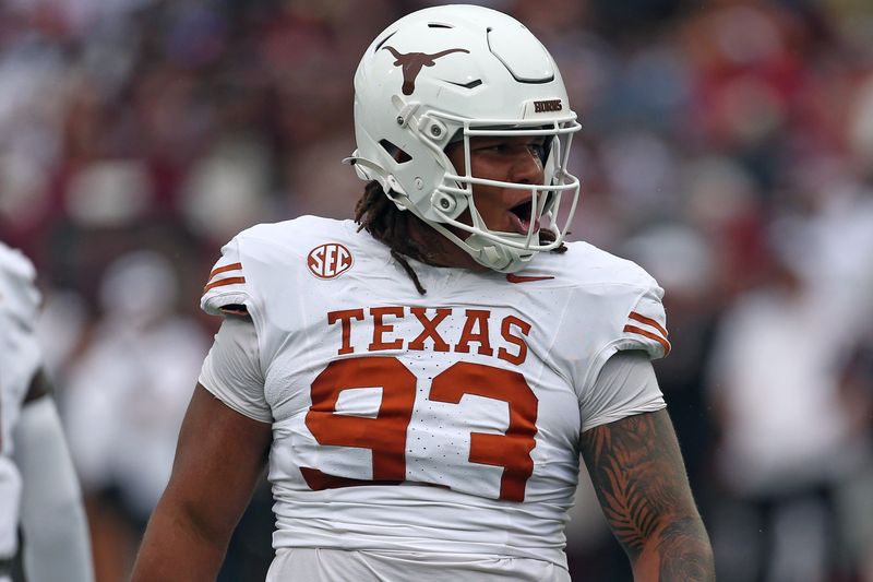 Oct 25, 2025; Starkville, Mississippi, USA; Texas Longhorns defensive linemen Hero Kanu (93) reacts during the first quarter against the Mississippi State Bulldogs at Davis Wade Stadium at Scott Field. Mandatory Credit: Petre Thomas-Imagn Images