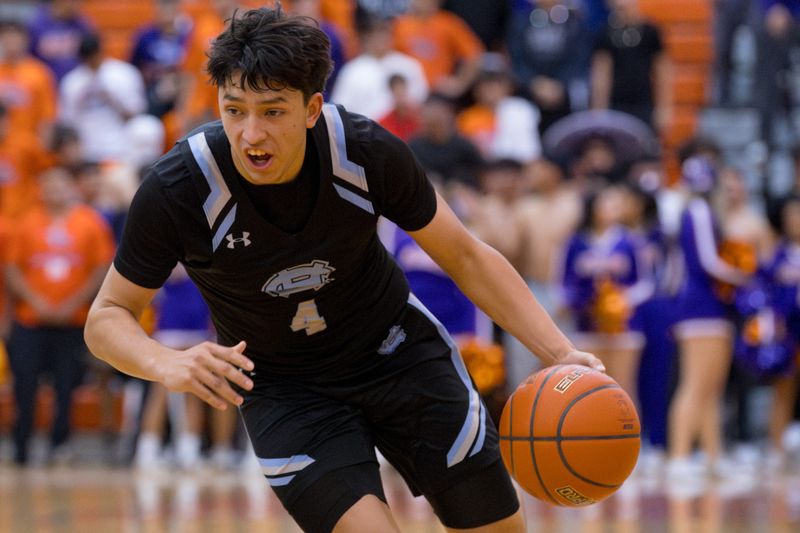 Chapin’s Jacob Garcia (4) dribbles the ball during a boys basketball game against Eastlake on Tuesday, Dec. 2, 2025, at Eastlake High School in El Paso, Texas.