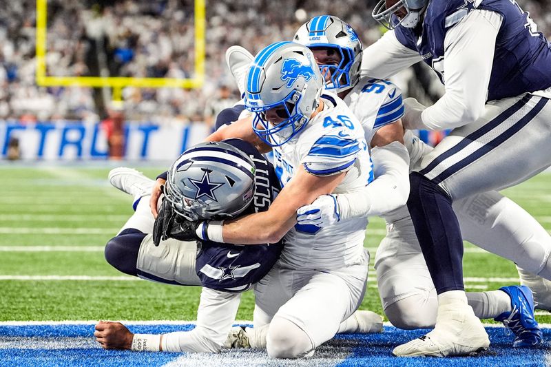 Detroit Lions linebacker Jack Campbell (46) sacks Dallas Cowboys quarterback Dak Prescott (4) during the first half at Ford Field in Detroit on Thursday, Dec. 4, 2025.