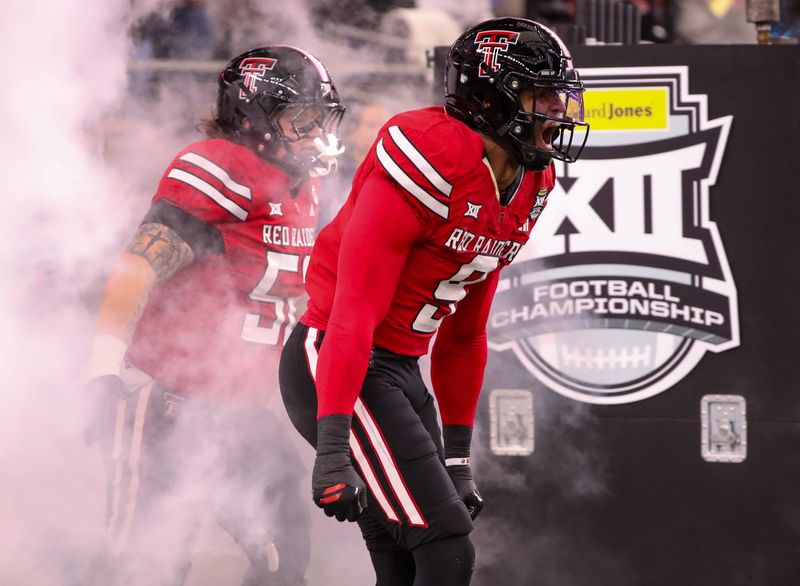 Texas Tech's Romello Height makes his entrance before the Big 12 Conference championship football game, Saturday, Nov. 6, 2025, at AT&T Stadium in Arlington.