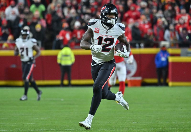 Dec 7, 2025; Kansas City, Missouri, USA; Houston Texans wide receiver Nico Collins (12) runs after a catch during the second quarter against the Kansas City Chiefs at GEHA Field at Arrowhead Stadium. Mandatory Credit: Amy Kontras-Imagn Images