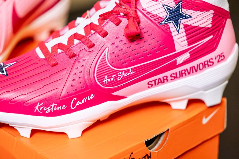 Tyler Smith’s custom “My Cause My Cleats” design features survivor names and a tribute to his late aunt, Sheila.