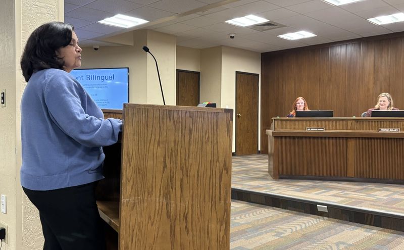 Sylvia Hughes, Amarillo ISD coordinator of the Bilingual / ESL program, describes how the program teaches students who don't know English how to read, write and speak English before they move up in the program, during Monday's school board meeting.