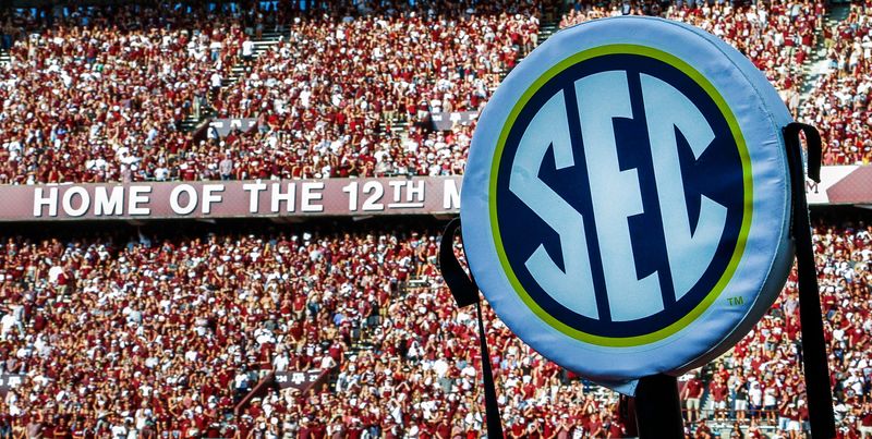 Sep 3, 2016; College Station, TX, USA; The east stands of Kyle Field with SEC logo on chains during a game between the Texas A&M Aggies and the UCLA Bruins. Texas A&M won in overtime 31-24. Mandatory Credit: Ray Carlin-USA TODAY Sports
