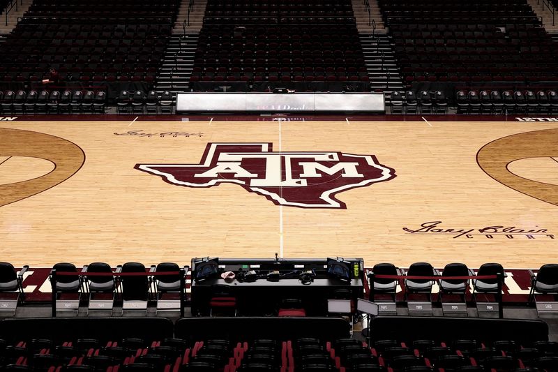 Nov 6, 2025; College Station, Texas, USA; A detailed view of Texas A&M Aggies logo on the floor at Reed Arena prior to the game against the Texas Southern Tigers. Mandatory Credit: Maria Lysaker-Imagn Images