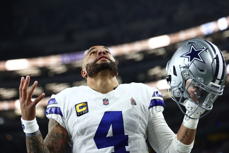 Dec 14, 2025; Arlington, Texas, USA; Dallas Cowboys quarterback Dak Prescott (4) before a game against the Minnesota Vikings at AT&T Stadium. Mandatory Credit: Kevin Jairaj-Imagn Images
