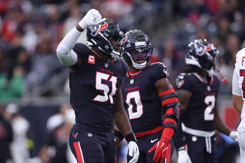 Dec 14, 2025; Houston, Texas, USA; Houston Texans defensive end Will Anderson Jr. (51) reacts after a defensive play during the game against the Arizona Cardinals at NRG Stadium. Mandatory Credit: Troy Taormina-Imagn Images
