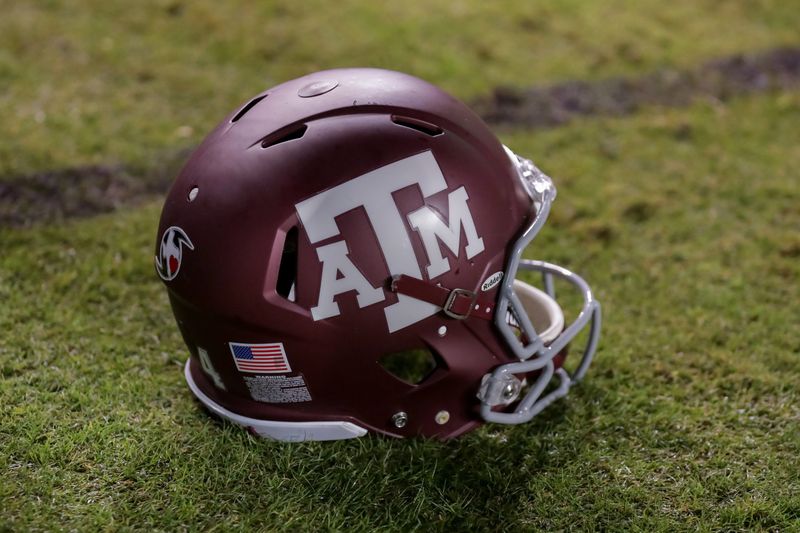 Nov 25, 2017; Baton Rouge, LA, USA; A Texas A&M Aggies helmet is seen on the ground during a game against the LSU Tigers at Tiger Stadium. Mandatory Credit: Stephen Lew-USA TODAY Sports