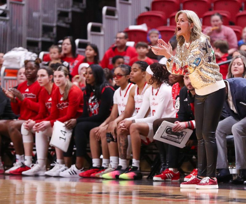 Texas Tech head coach Krista Gerlich encourages her team during a non-conference women's basketball game, Wednesday, Dec. 17, 2025, at United Supermarkets Arena.