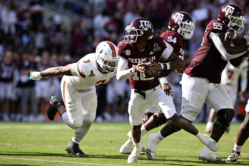 Dec 20, 2025; College Station, TX, USA; Texas A&M Aggies quarterback Marcel Reed (10) scrambles against Miami Hurricanes defensive lineman Akheem Mesidor (3) during the second half of the first round game of the CFP National Playoff at Kyle Field. Mandatory Credit: Jerome Miron-Imagn Images
