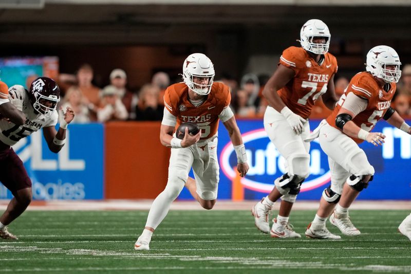 Nov 28, 2025; Austin, Texas, USA; Texas Longhorns quarterback Arch Manning keeps the ball for yardage during the first half against the Texas A&M Aggies at Darrell K Royal-Texas Memorial Stadium. Mandatory Credit: Scott Wachter-Imagn Images