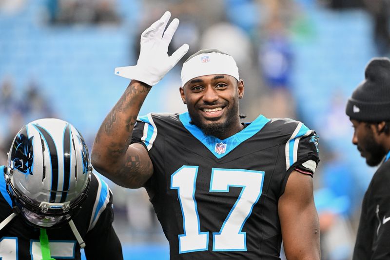Dec 28, 2025; Charlotte, North Carolina, USA; Carolina Panthers wide receiver Xavier Legette (17) warms up before the game against the Seattle Seahawks at Bank of America Stadium. Mandatory Credit: Bob Donnan-Imagn Images