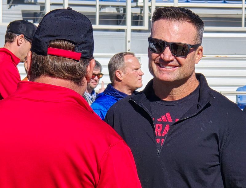 Former Red Raider Zach Thomas attends the Texas Tech football team's practice ahead of the Orange Bowl, Wednesday, Dec. 31, 2025, at Flagler Credit Union Stadium in Boca Raton, Florida.