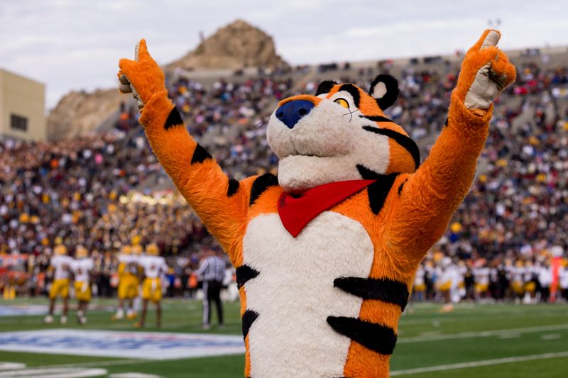 Tony the Tiger stands on the field during a football game between Duke and Arizona State in the Tony the Tiger Sun Bowl at Sun Bowl Stadium in El Paso, Texas, on Wednesday, Dec. 31, 2025.