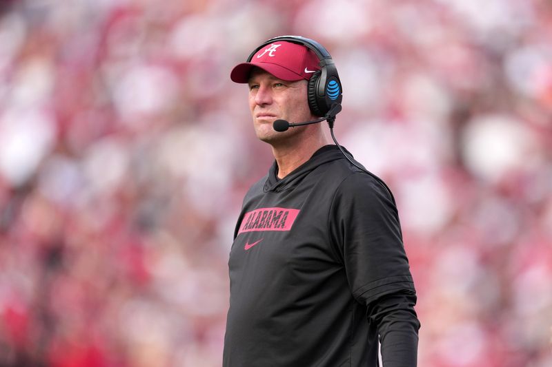 Jan 1, 2026; Pasadena, CA, USA; Alabama Crimson Tide head coach Kalen Deboer watches in the second half against the Indiana Hoosiers at the 2026 Rose Bowl and quarterfinal game of the College Football Playoff at Rose Bowl Stadium. Mandatory Credit: Kirby Lee-Imagn Images