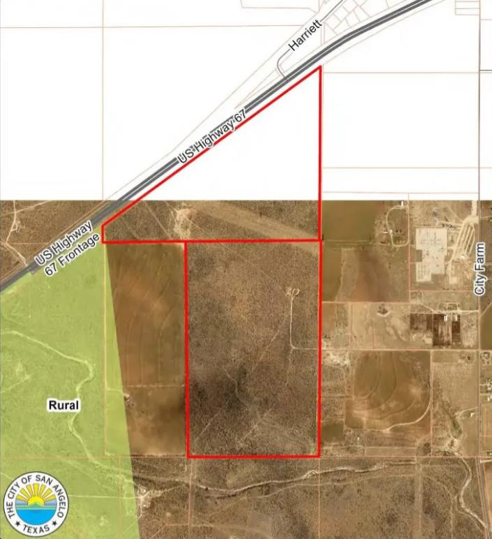 A map showing the location of the proposed data center northeast of San Angelo near U.S. Highway 67 North and City Farm Road on city-owned property.