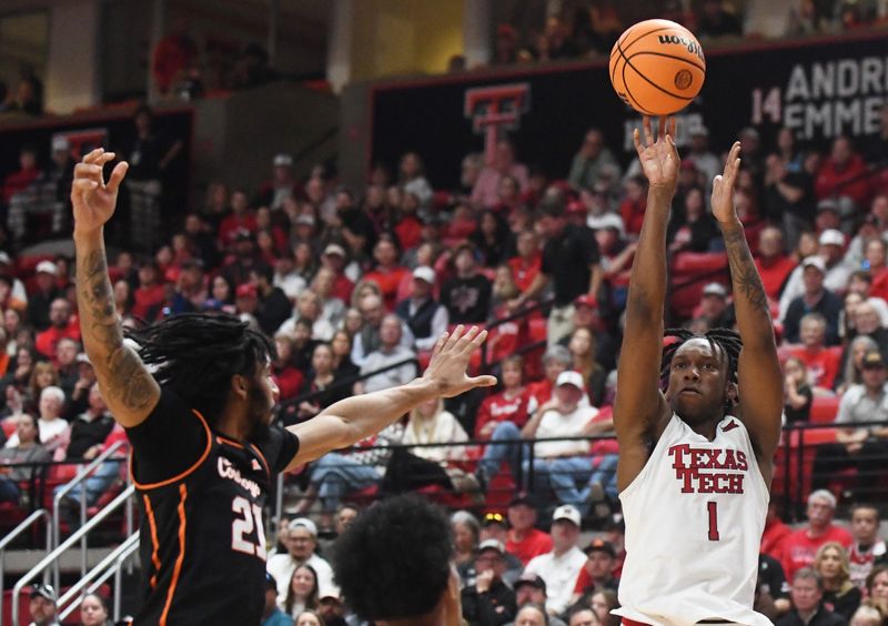 Texas Tech's Tyeree Bryan shoots against Oklahoma State in a Big 12 men's basketball game Saturday, Jan. 3, 2026, at United Supermarkets Arena.