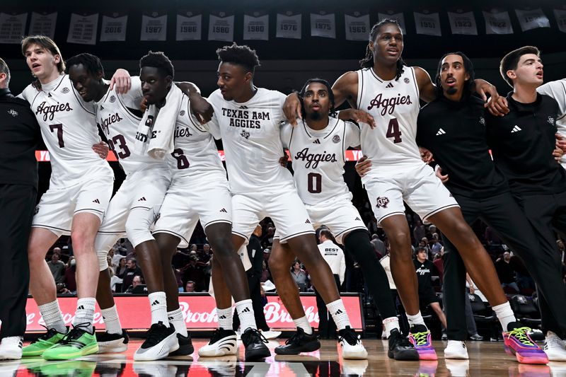 Jan 3, 2026; College Station, Texas, USA; Texas A&M Aggies celebrate the win over Louisiana State Tigers at Reed Arena. Mandatory Credit: Maria Lysaker-Imagn Images