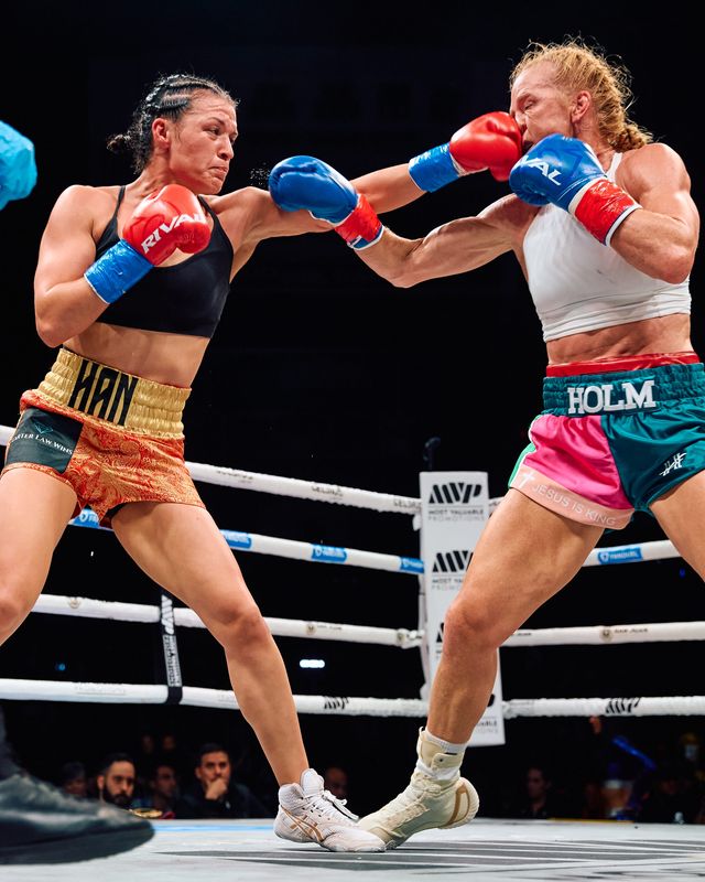 El Paso's Stephanie Han lands a jab vs. Holly Holm during their WBA lightweight title fight on Jan. 3, 2026 in San Juan, Puerto Rico. Han won by decision to improve to 12-0.