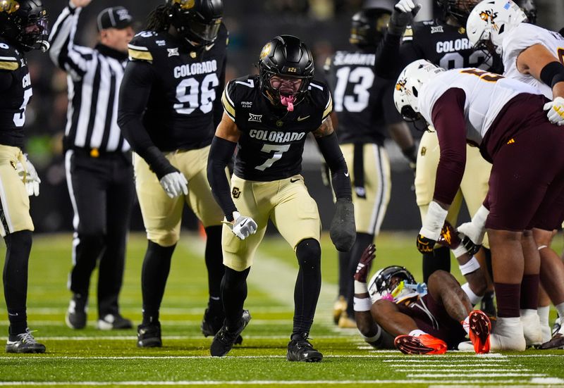 Nov 22, 2025; Boulder, Colorado, USA; Colorado Buffaloes defensive back Tawfiq Byard (7) reacts in the first quarter against the Arizona State Sun Devils at Folsom Field. Mandatory Credit: Ron Chenoy-Imagn Images