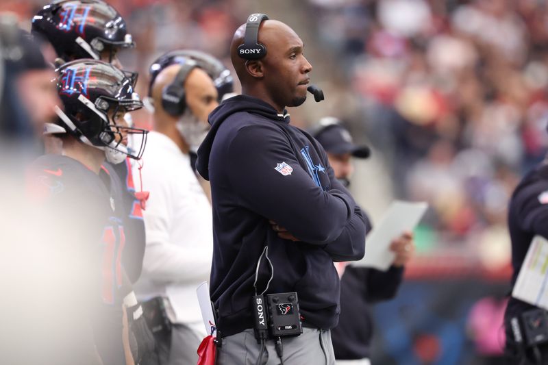 Jan 4, 2026; Houston, Texas, USA; Houston Texans head coach Demeco Ryans stands on the sidelines against the Indianapolis Colts during the first half at NRG Stadium. Mandatory Credit: Troy Taormina-Imagn Images