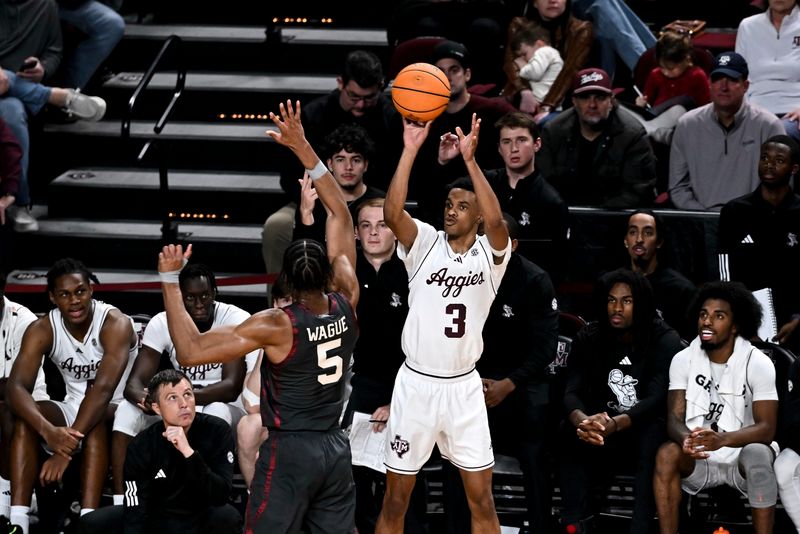 Jan 10, 2026; College Station, Texas, USA; Texas A&M Aggies guard Rylan Griffen (3) shoots a three point basket over Oklahoma Sooners forward Mohamed Wague (5) during the second half at Reed Arena. Mandatory Credit: Maria Lysaker-Imagn Images