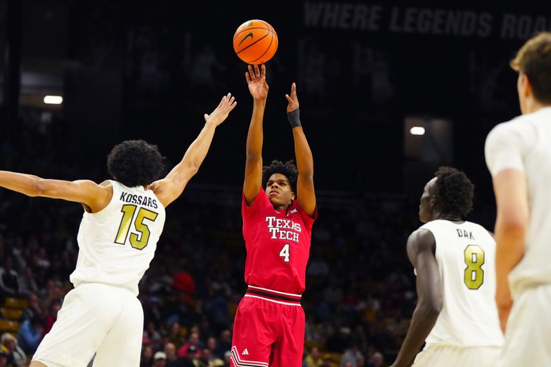 Jan 10, 2026; Boulder, Colorado, USA; Texas Tech Red Raiders guard Christian Anderson (4) shoots the ball over Colorado Buffaloes guard Felix Kossaras (15) in the first half at CU Events Center. Mandatory Credit: Ron Chenoy-Imagn Images