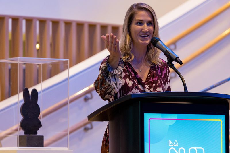 Allison Glass, present board president, speaks during an announcement celebrating the La Nube STEAM Discovery Center as the 2025 recipient of the internationally recognized Hands On! Children in Museums Award at the museum in Downtown El Paso, Texas, on Thursday, Jan. 15, 2026.