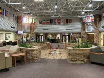 The MSU seal cordoned off in the Clark Student Center at Midwestern State University.