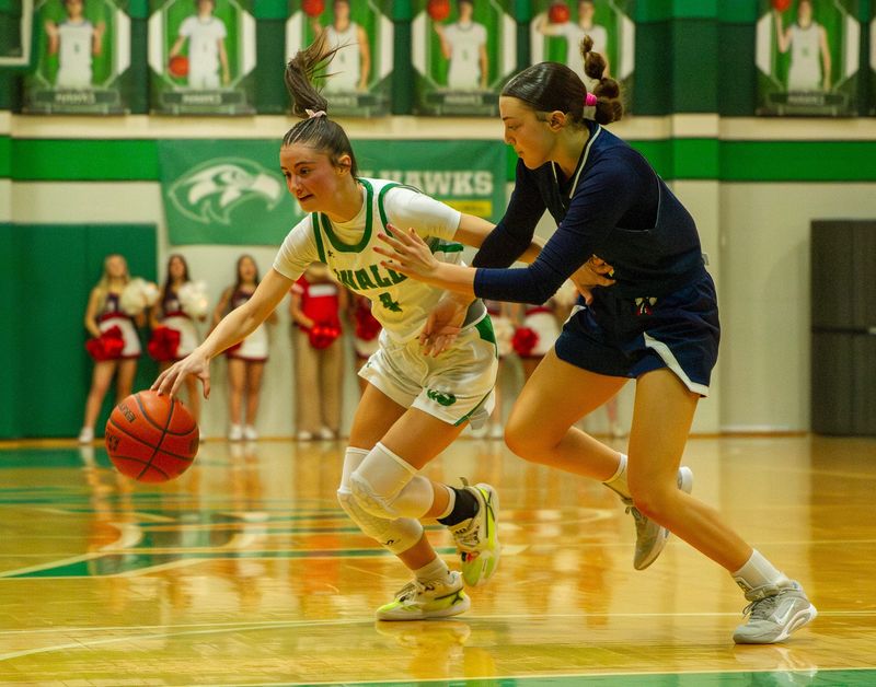 Wall girls basketball's McKenzie Lopez (4) attempts to dribble past the defense from Jim Ned's Lily Bryant (10) in a game at Wall High School on Tuesday, Jan. 20, 2026.