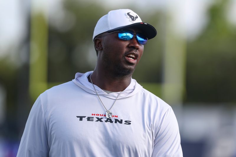 Jul 24, 2025; Houston, TX, USA; Houston Texans quarterbacks coach Jerrod Johnson during training camp at Houston Methodist Training Center. Mandatory Credit: Troy Taormina-Imagn Images