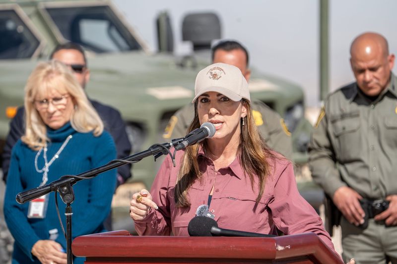 Sara Carter, director of the White House Office of National Drug Control Policy, addresses the media in Sunland Park, N.M., on Jan. 22, 2025, during a news conference on the Trump administration’s efforts to curb drug smuggling by organized crime into the United States.