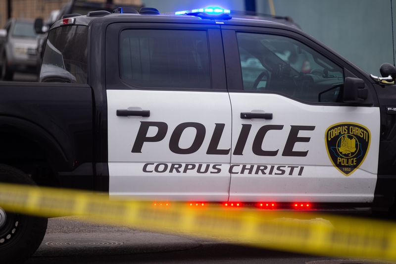 A Corpus Christi police vehicle is parked on Agnes Street in Corpus Christi, Texas, on Jan. 23, 2026.