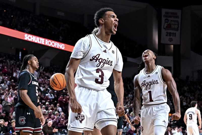 Jan 24, 2026; College Station, Texas, USA; Texas A&M Aggies guard Rylan Griffen (3) reacts during the first half against the South Carolina Gamecocks at Reed Arena. Mandatory Credit: Maria Lysaker-Imagn Images