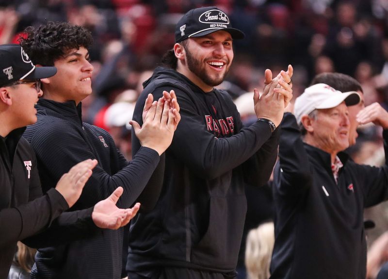 Texas Tech football team quarterback Brendan Sorsby reacts to a play during a Big 12 Conference men's basketball game, Saturday, Jan. 24, 2026, in United Supermarkets Arena.