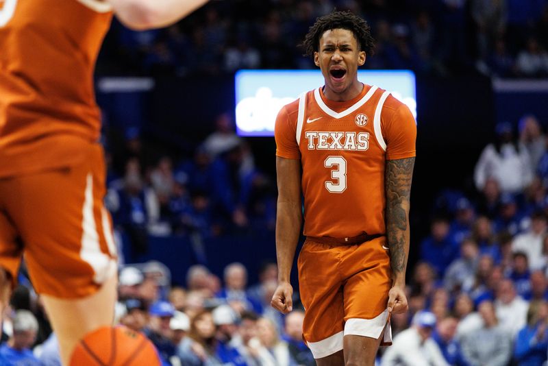 Jan 21, 2026; Lexington, Kentucky, USA; Texas Longhorns forward Dailyn Swain (3) celebrates after center Matas Vokietaitis (8) scores a basket during the first half against the Kentucky Wildcats at Rupp Arena at Central Bank Center. Mandatory Credit: Jordan Prather-Imagn Images